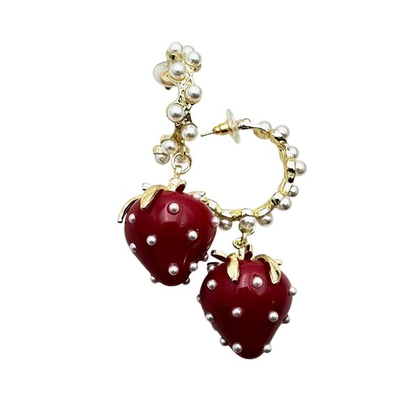 Womens Earrings Pierced Red Strawberry Faux Pearl Gold Tone Chandelier - Picture 2 of 4